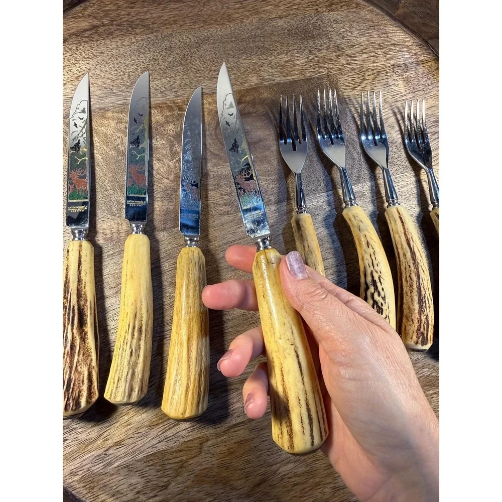 Vintage Anton Wingen Jr. Stag Horn Knife & Fork Set: German Etched Flatware 8 Pc